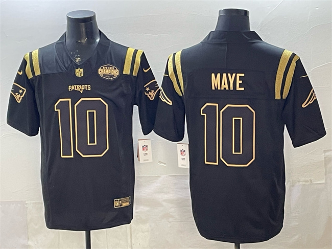 Men's New England Patriots #10 Drake Maye Black Gold F.U.S.E. 2025 AFC East Championship Patch Limited Stitched Football Jersey